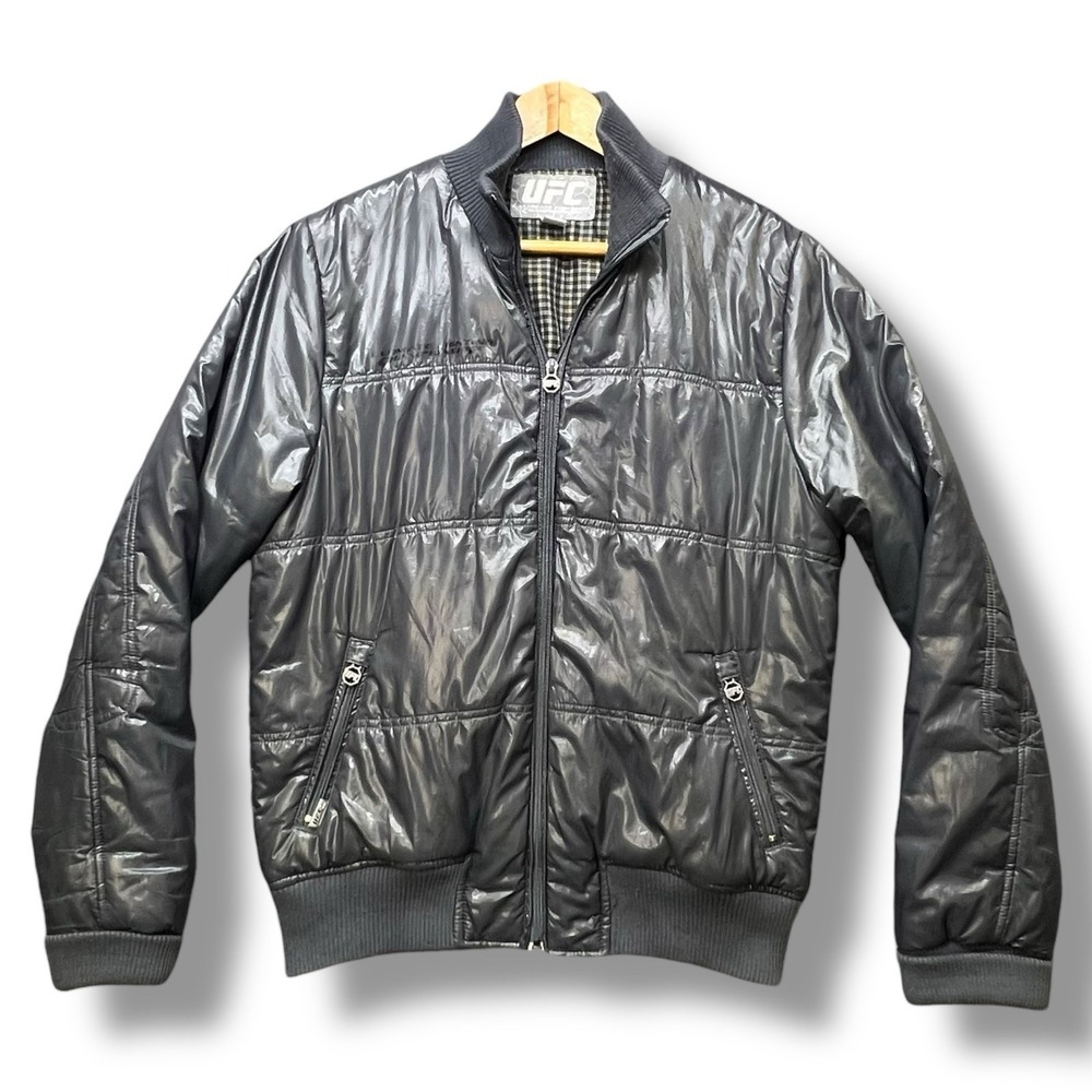 Vtg UFC Y2K Ultimate Fighting Championship Gray Glossy Jacket Size S/M Zip Plaid - Picture 2 of 9